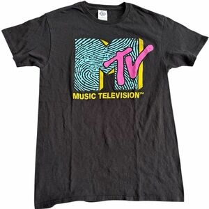 MTV Music Television T-Shirt Men’s L Black Retro 80s 90s Neon Graphic Tee‎